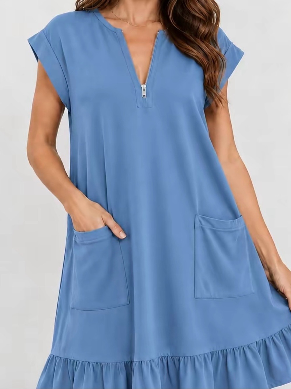 Casual Zip-Neck Blue Mini Dress with Pockets